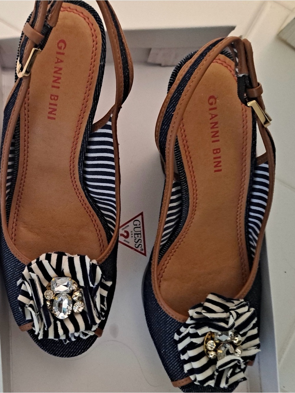 Gianni Bini Black and white Striped slingback, embellished with crystal cluster